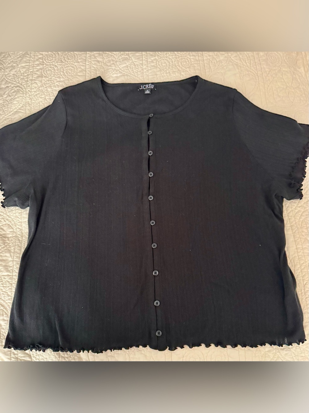 J. Crew Black Ribbed 100% Cotton Button Front Shirt Lettuce Edge Trim Size 3X